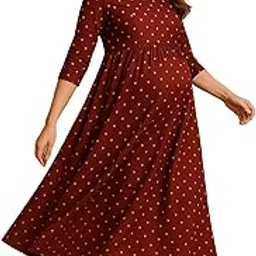 Women's Cotton Maternity Dress, Maroon with Heart Print, 3/4 Sleeve Empire Waist-picture-11