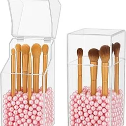 FINEMOE 1Pc Acrylic Makeup Brush Holder with Pink Pearls, Transparent & Waterproof Makeup Organizer Box with Lid, Aesthetic Storage Organizer for Makeup Accessories, Eyebrow, Kajal Pencil Organiser image 1