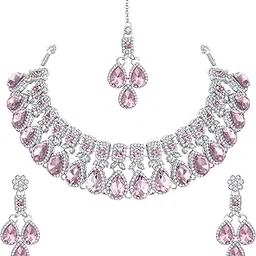 Kundan Polki and Crystals Traditional Necklace with Earrings and Maang Tikka for Women - Jewellery Set for Party, Wedding, Engagement-image-10