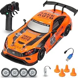VikriDA 1:24 Scale RC Drift Car - 4WD High-Speed RC Racing Car with LED Lights, 2.4GHz Controller, Two Rechargeable Batteries & Drifting Tires - Orange-picture-16