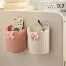 Bow Design Organiser Cups Set of 2 | Wall & Desk Plastic Storage Holder for Bathroom, Makeup Brushes, Stationery (Tumbler Holder (Combo)- WHITE-PINK)-picture-28