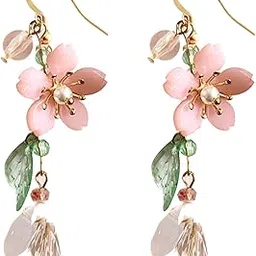 lakiyoyo Pink Flower Dangle Earrings for Women Cute Pearl Leaf Sakura Leaf Earrings Fairy Statement Summer Refreshing Seaside Idyllic Holiday Earrings…-picture-25