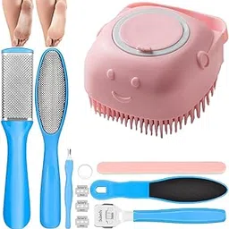Pedicure Kits - Callus Filer for Feet, 8 in 1 Professional Set Pedicure Tools Stainless Steel Foot Care, Foot File Foot Rasp Dead Skin for Women Men Home Foot Spa Kit, Blue & Skalp Shampoo Massager Brush 1 Pcs.-picture-48