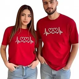 pd clori Matching Heartbeat Print T-Shirts, Red, Couple Set-picture-11