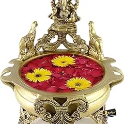 Two Moustaches Ganesha Design 7.5 Inches Brass Urli, Brass Urli for Flowers, Urli Bowl for Home Decor, Brass Urli Decor, Urali Decoration Bowl, Antique Yellow, Weight - 1.8 Kg, Pack of 1, 500 ml-picture-36