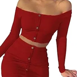 quecy Women's Polyester Slim Fit Casual Solid Off Shoulder Button Skirt Outfits Set of 2| Size-2XL | Color-Red-picture-11