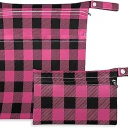 visesunny Pink Buffalo Plaid Classic Pattern 2Pcs Wet Bag with Zippered Pockets Washable Reusable Roomy for Travel,Beach,Pool,Daycare,Stroller,Diapers,Dirty Gym Clothes, Wet Swimsuits, Toiletries-picture-51