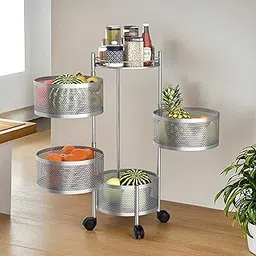Kuber Industries Kitchen Storage Rack | 4-Tier Round Multipurpose Storage Trolley with Wheels | Rotating Vegetable Rack | Metal Fruit Rack | Silver-picture-15