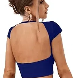 aahwan Solid Slim Fit Tee Backless Western Stylish Short Sleeve Ribbed Crop Top For Women's & Girls-picture-37