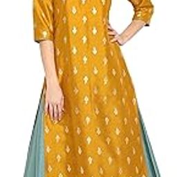 janasya Women's Mustard Silk Blend Gold Print Anarkali Ethnic Dress-picture-21