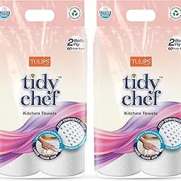 Tulips Brand- Tidy Chef Paper Kitchen Towels/Roll made with 100% virgin pulp I deep embossed papers offer superior absorbancy I easy & clean tear I 60 Pulls I 2 ply I Pack of 2-image-6