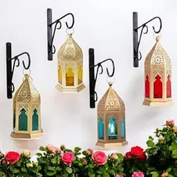 DECORATE DREAMS | Beautiful Style Moroccan Hanging Lantern/Lamp with t-Light Candle Holder | Lantern for Diwali, Gifts, ramzan, Christmas, Festival | Set of 4 (Red) (Red, Blue, Green & Yellow)-image-5