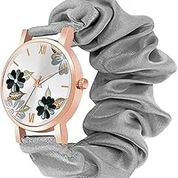meteoroid Women's Scrunchie Watch with Floral Pattern Dial, Rose Gold Case, Black Elastic Band-picture-54