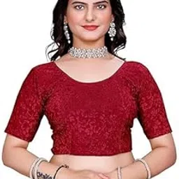 adibaba Women's Floral Readymade Blouse | Lycra Blend Fabric Round Neck | Elbow-Length Sleeves | Stretchable Designer Saree Blouse for Wedding Pack of 1-picture-37