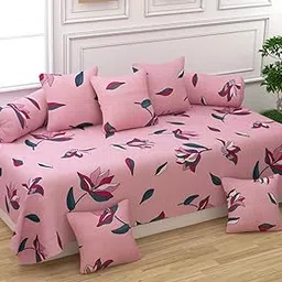 Microfiber Glace Cotton Floral Design Diwan Set of 8 Pieces 1 Bedsheet 60x90inch 2 Bolster Covers 16x32inch 5 Cushion Covers 16x16inch (Diwan Set, Multicolor)/-image-42