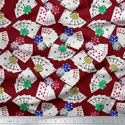 Soimoi Poly Satin Fabric 105 GSM Poker Card Print 44 Inches Wide Sewing by The Meter-Maroon-image-1