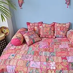 Traditional Indian Patchwork Deewan Set with Cushions, Pink Bohemian Floor Seating-image-42