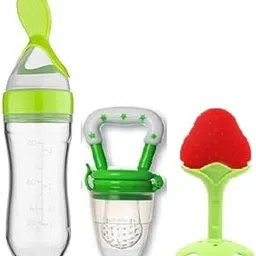 Drisona Silicone BPA Free Silicon Spoon Feeder, Fruit Nibbler, Teether Combo for Newborn Infant Same Color and Design for Your Baby (Green,Pack of 3)-image-97