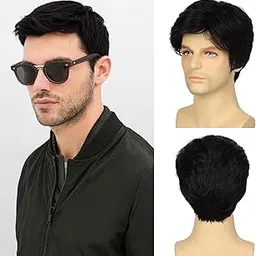 views Mens Black Wig Short Layered Wavy Synthetic Wigs for Men Male Guy Daily Party Wigs (Natural Black)-picture-44