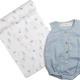 Masilo 100% Organic Cotton Muslin Classic Snuggle Gift Set for New Born Boys and Girls/Combo Set with Swaddle and Romper/Baby & Infant Essentials/Soft & Breathable /0-6 Months - Boat-image-18
