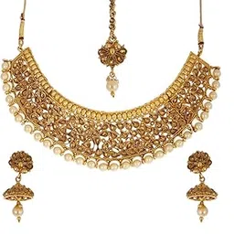 zeneme Jewellery Set LCT Gold Plated Pearl Choker Necklace Set with Earring and Mangtikka Bridal Jewellery For Women & Girls-picture-13