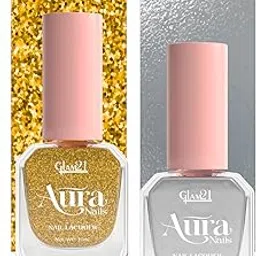 Glam21 Aura Nails Nail Lacquer |Long-Lasting, Quick-Dry, High-Shine Nail Enamel | Chip-Free Formula | Smooth Application & Vibrant Finish |60 Striking Shades | 10ml Each | Pack Of 2 (Gold Rush & Silver Foil)-picture-33