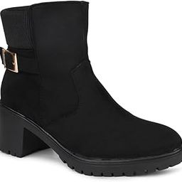 inc.5 Women Black Round Toe Mid-top Suede Chelsea Heeled Boots Boat Shoe-picture-45