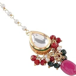 Women's Brass Gold-Plated Magenta Stone-Studded Beaded Handcrafted Maang Tikka, Magenta, OneSize-image-36