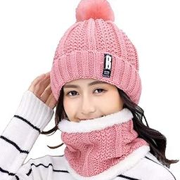 alexvyan Pink Bennie Winter Soft -20 Degree Warm 1 Set Snow Air Proof Ball Cap (Inside Fur) Woolen Beanie Cap with Scarf for Women Girl Ladies-picture-24