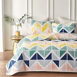 UOZZI BEDDING 3 Piece Reversible Colorful Quilt Set King Size with Green Orange Yellow Cubes Microfiber Lightweight Floral Coverlet Bedspread for All Season-picture-14
