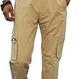 update trend Men's Casual Cargo Pants, Khaki Cotton Blend, Elastic Waist with Side Pockets, Athletic Fit, Outdoor Wear-picture-45