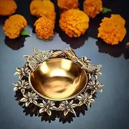 Puja N pujari Brass Flower Urli Bowl with Bird and Butterfly,Urli Bowl in Brass, Traditional Bowl for Flower Decoration, image 1