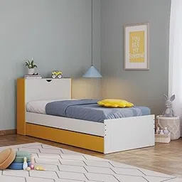 Wakefit Capel Kids Trundle Bed with Headboard Storage | Single Wooden Bed for Kids | Sturdy & Safe Engineered Wood Cot | Frosty White & Toffee Yellow Finish | Space-Saving Design-image-19