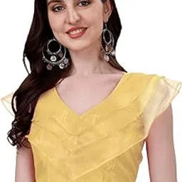 pujia mills Women's V Neck Orgenza Three Layer Ruffle Sleeve Frill Readymade Saree Blouse-picture-27