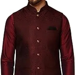 kisah Men's Nehru Jacket Ethnic Festive Traditional Maroon Waistcoat Cotton, Regular Fit-picture-34