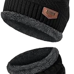 Winter Knit Beanie Hat and Neck Warmer Set, Black with Gray Fur Lining, Windproof Thermal Scarf, 50-70cm Circumference-picture-13