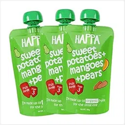 Happa Organic Food Fruit Puree (Pack of 3, Sweet Potatoes+Mangoes+Pears) Stage 3, 3 Pouches, 100 Gram Each-image-0