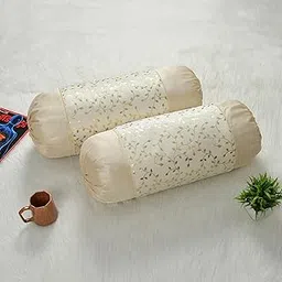 TRIMLY Decorative Bolster Pillows Cover, Mint Green with Gold Floral Pattern, Set of 2 (Cream)-picture-21