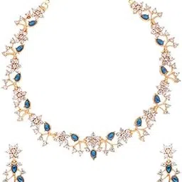 brado jewellery Gold Polish American Diamond Studded Choker Necklace Jewellery set with Matching pair of Earrings for Women and Girls(Blue)-picture-46