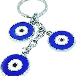 Evil Eye Keychain, Blue and Silver Metal Chain with Traditional Turkish Nazar Boncuk Triple Charm, Protection Amulet-image-49