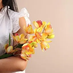 Cattleya Orchid Faux Stem for Vase | Artificial Flowers for Home Gifting | Living Room Bedroom Office Table Decoration | Durable Plastic Material - Sunset Orange (Vase Not Included)-picture-28