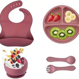 Teri Beri 4 Pcs Premium BPA Free Silicone Baby Feeding Set, Silicone Self-Feeding Training Set for Baby (Suction Divided Plate, Bowl, Spoon & Fork) (Rose Pink)-image-17
