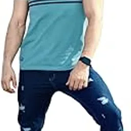 MADTEES Men's Striped Round Neck T-Shirt, Turquoise and White, Cotton Blend, Casual Wear, Available in Sizes 38 Auto Stripes Fabric-picture-52