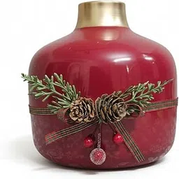Artful Living Christmas Metal Vase, Round Design with Gold Neck, Pine Cones, Greenery & Ribbon – 17 cm Holiday Centerpiece for Home Décor, Tabletop, Gifting | (Crimson Holiday Vase)-picture-12