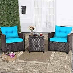 LOCCUS Bistro Set, Outdoor Patio Wicker Sofa with Removable Cushions and Small Coffee Table, Furniture for Porch, Balcony, Patio, Deck, Backyard (Dark Brown and Sky Blue)-image-65