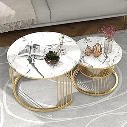 Metal Frame Marble Look Set of 2 Coffee Table Snackes Tea Table Sofa Center Table for Living Room Bedroom or Any Apartment (White Gold)-picture-14