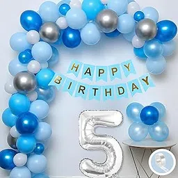 Flyloons 5th Birthday Decoration Items Blue and White Theme Combination for Boys Girls Kids | 30 Pcs Blue White Silver Color Balloons | Blue Happy Birthday Paper Banner | Arch Tape-picture-36