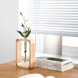 HS ART Small Wooden Table Flower Vase with Borosilicate Glass Propagation Decor Plant Holder for Home Office Living Room. 6X3 Inch.-picture-26