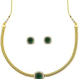 Elegant Stylish Choker Necklace Set with Earrings | Antique Gold Plated with Zircon & American Diamond | Collar Bone Nan Chain Necklace for Women & Girls-image-9