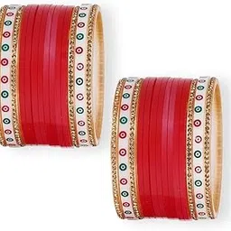 Fictional Accessories Chudha Traditional Bangles RED Color Set Lite Bridal Chudha Normal Use, Stone Studded Border Design with Multicolour Pattern, Beautifull made Chura Bangle Set.-picture-34